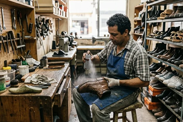 Sapatos sendo impermeabilizados em Magé, enfatizando a proteção e durabilidade.