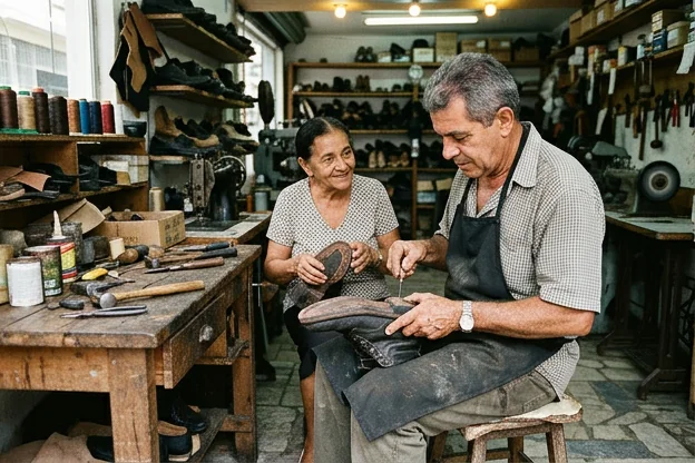 Um profissional atendendo um cliente em Magé para conserto de calçados.