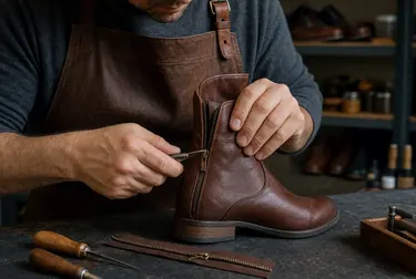 Um sapateiro consertando o zíper de uma bota em Magé.