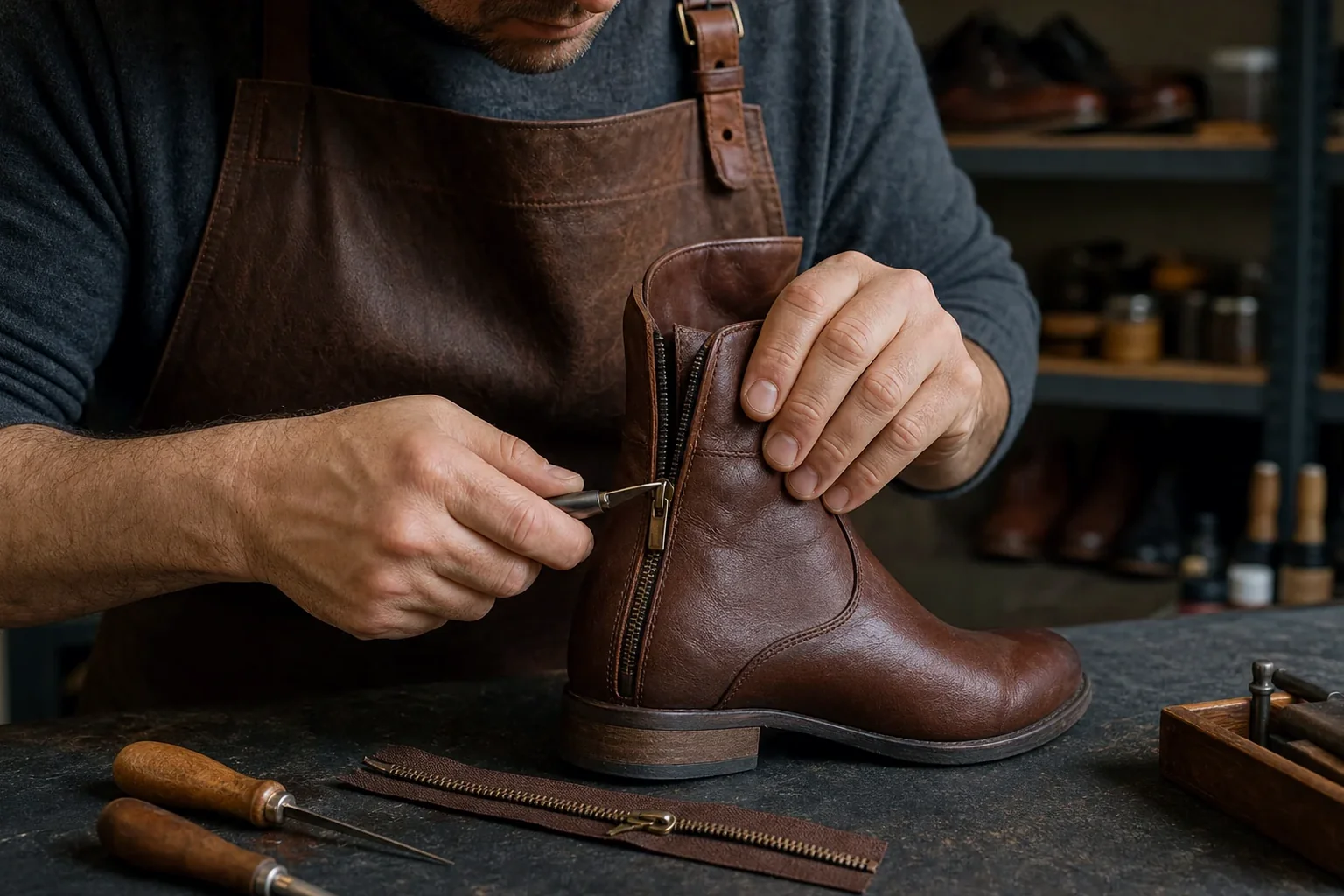 Um sapateiro consertando o zíper de uma bota em Magé.